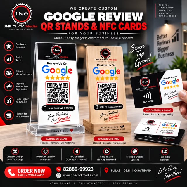 1ne Click Media Pvt. Ltd. Instagram post — custom Google review QR stands & NFC cards